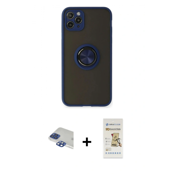 MARSİLYAN™- iPhone 11 Pro Max Kılıf Yörünge Çizgi - Siyah Mat Seramik Nano Ekran Koruyucu + Lacivert Pers Alüminyum Kamera Lens