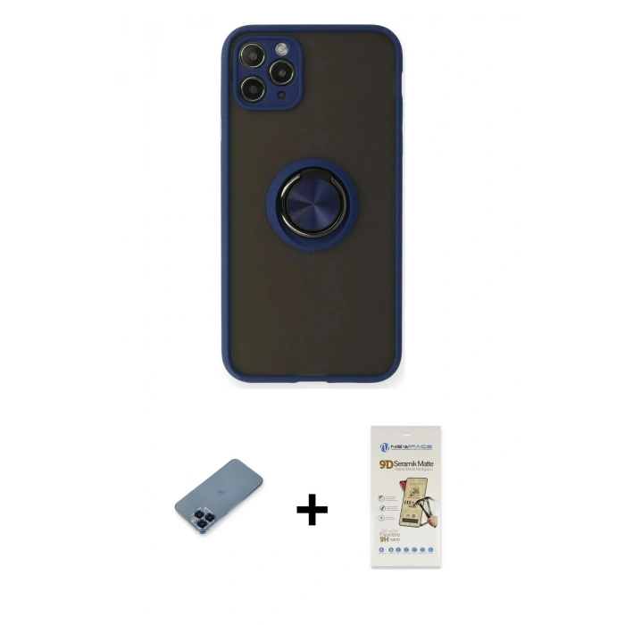 MARSİLYAN™- iPhone 11 Pro Max Kılıf Yörünge Çizgi - Siyah Mat Seramik Nano Ekran Koruyucu + Metal Kamera Lens Koruma Cam - MI