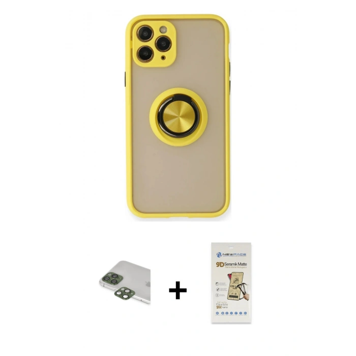 MARSİLYAN™- iPhone 11 Pro Max Kılıf Yörünge Çizgi - Siyah Mat Seramik Nano Ekran Koruyucu + Pers Alüminyum Kamera Lens - YL