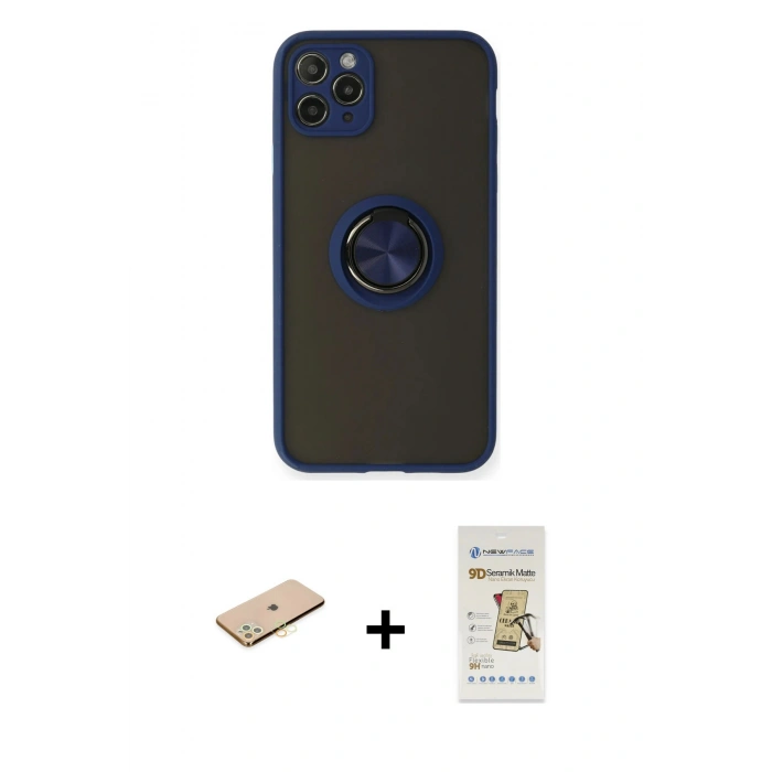 MARSİLYAN™- iPhone 11 Pro Max Kılıf Yörünge Çizgi - Siyah Mat Seramik Nano Ekran Koruyucu + Renkli Kamera Lens Koruma Cam - SI