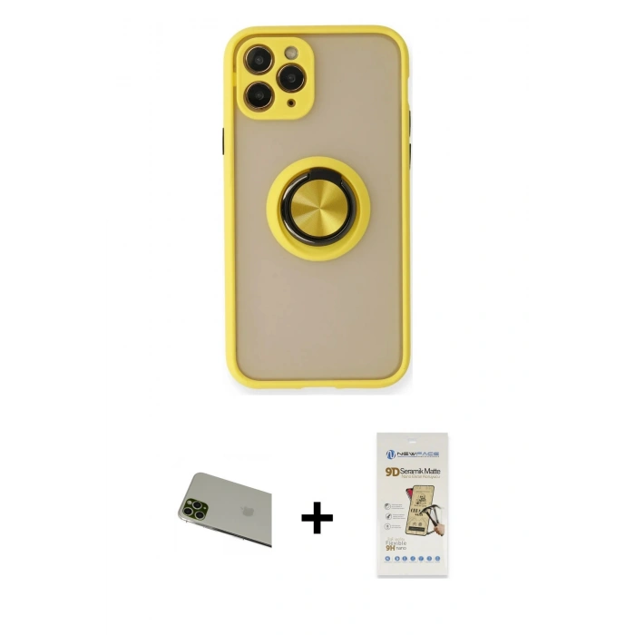 MARSİLYAN™- iPhone 11 Pro Max Kılıf Yörünge Çizgi - Siyah Mat Seramik Nano Ekran Koruyucu + Rainbow Kamera Lens Koruma Cam - YL