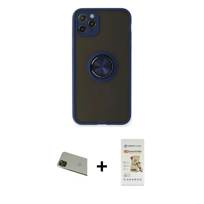 MARSİLYAN™- iPhone 11 Pro Max Kılıf Yörünge Çizgi - Siyah Mat Seramik Nano Ekran Koruyucu + Rainbow Kamera Lens Koruma Cam - YL