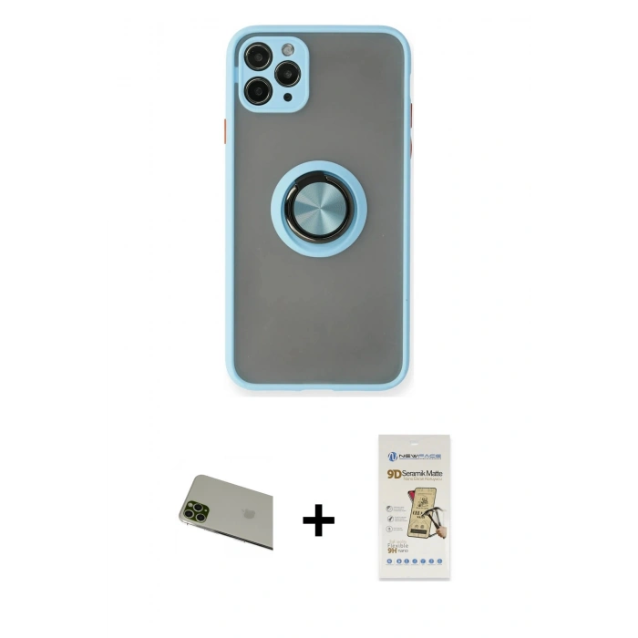 MARSİLYAN™- iPhone 11 Pro Max Kılıf Yörünge Çizgi - Siyah Mat Seramik Nano Ekran Koruyucu + Rainbow Kamera Lens Koruma Cam - YL