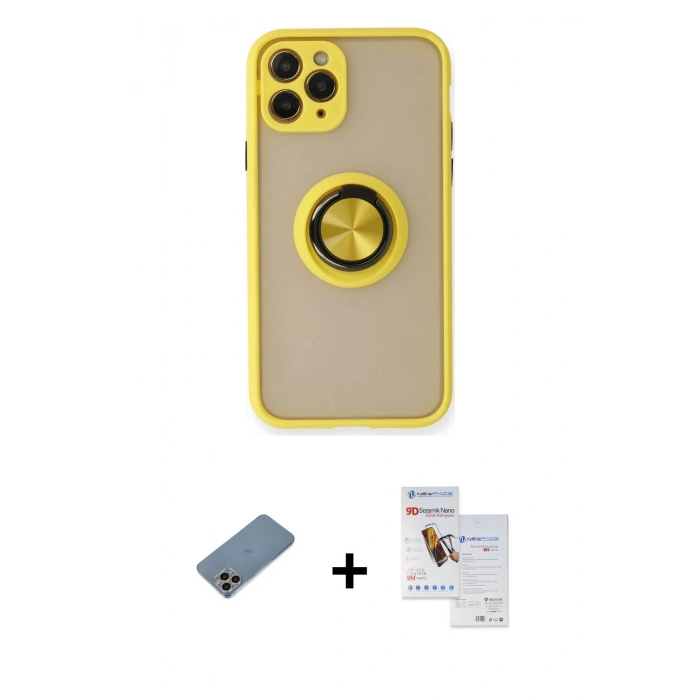 MARSİLYAN™- iPhone 11 Pro Max Kılıf Yörünge Çizgi - Siyah Seramik Nano Ekran Koruyucu + Shine Kamera Lens Koruma Cam - GI