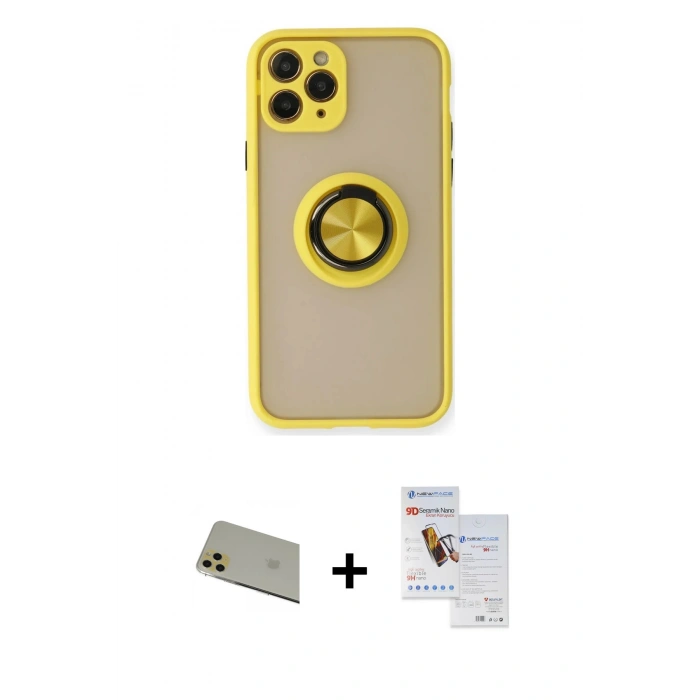 MARSİLYAN™- iPhone 11 Pro Max Kılıf Yörünge Çizgi - Siyah Seramik Nano Ekran Koruyucu + Gold Rainbow Kamera Lens Koruma Cam