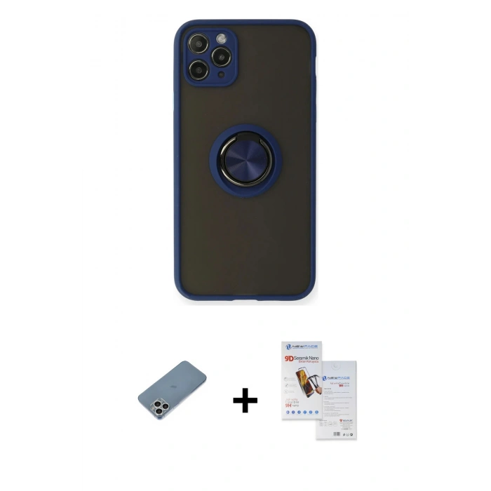 MARSİLYAN™- iPhone 11 Pro Max Kılıf Yörünge Çizgi - Siyah Seramik Nano Ekran Koruyucu + Shine Kamera Lens Koruma Cam - GS