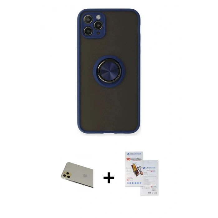 MARSİLYAN™- iPhone 11 Pro Max Kılıf Yörünge Çizgi - Siyah Seramik Nano Ekran Koruyucu + Rainbow Kamera Lens Koruma Cam - GD