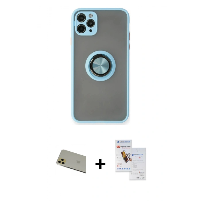 MARSİLYAN™- iPhone 11 Pro Max Kılıf Yörünge Çizgi - Siyah Seramik Nano Ekran Koruyucu + Rainbow Kamera Lens Koruma Cam - GD