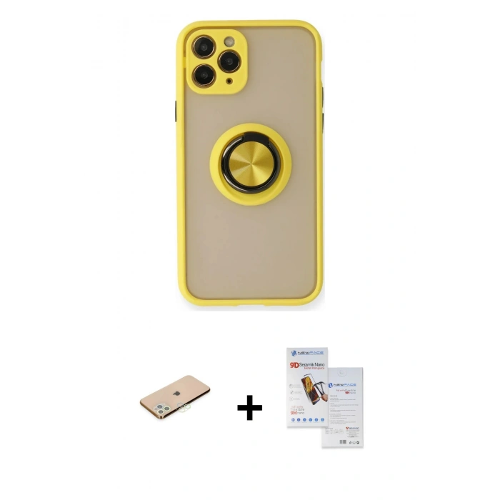 MARSİLYAN™- iPhone 11 Pro Max Kılıf Yörünge Çizgi - Siyah Seramik Nano Ekran Koruyucu + Renkli Kamera Lens Koruma Cam - YL