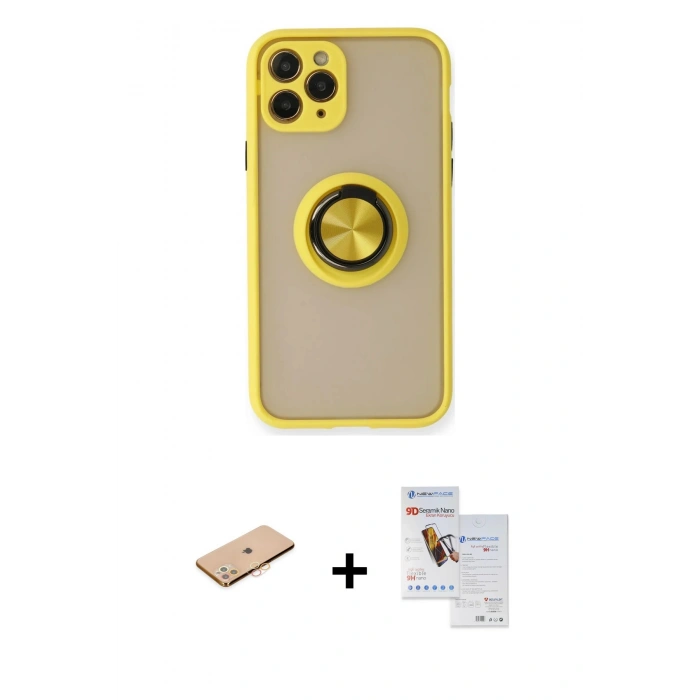 MARSİLYAN™- iPhone 11 Pro Max Kılıf Yörünge Çizgi - Siyah Seramik Nano Ekran Koruyucu + Renkli Kamera Lens Koruma Cam - TU
