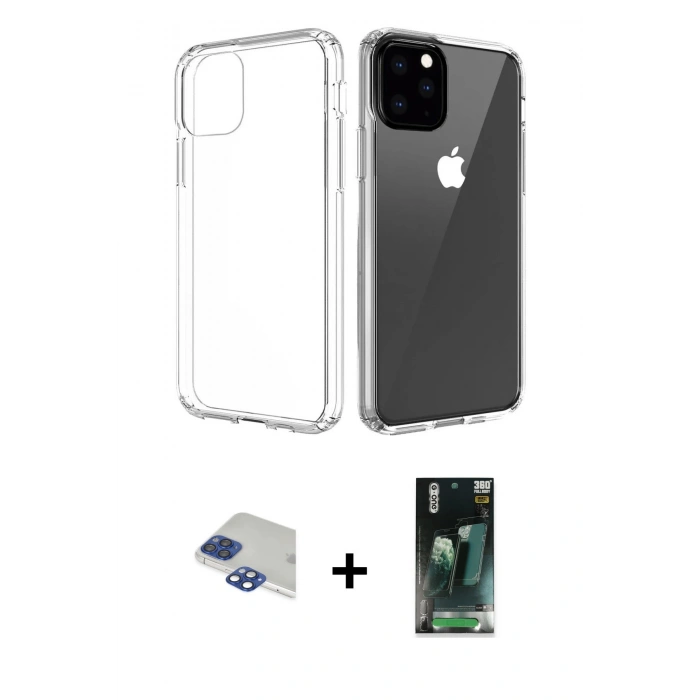 MARSİLYAN™- iPhone 11 Pro Max Kılıf Zirve Doku - Şeffaf 360 Full Body Arka Koruyucu + Lacivert Pers Alüminyum Kamera Lens