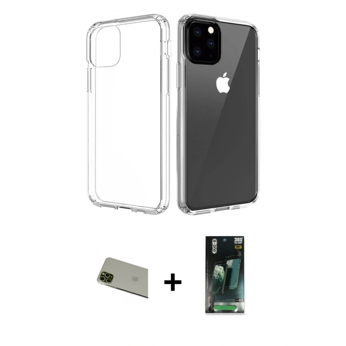 MARSİLYAN™- iPhone 11 Pro Max Kılıf Zirve Doku - Şeffaf 360 Full Body Arka Koruyucu + Rainbow Kamera Lens Koruma Cam - YL
