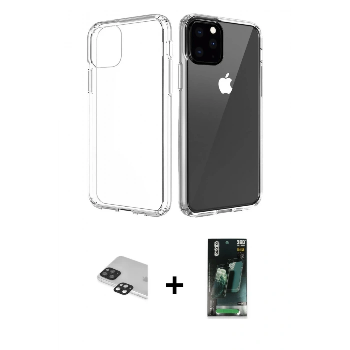 MARSİLYAN™- iPhone 11 Pro Max Kılıf Zirve Doku - Şeffaf 360 Full Body Arka Koruyucu + Pers Alüminyum Kamera Lens - SH