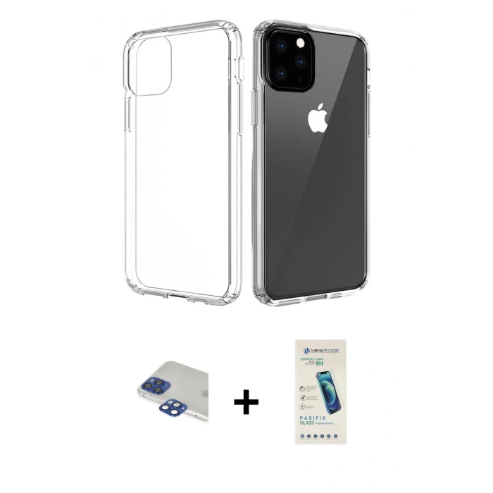 MARSİLYAN™- iPhone 11 Pro Max Kılıf Zirve Doku - Şeffaf Pasifik Cam Ekran Koruyucu + Pers Alüminyum Kamera Lens - LT