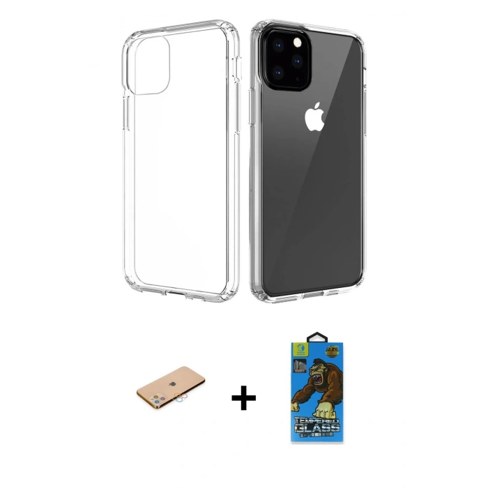 MARSİLYAN™- iPhone 11 Pro Max Kılıf Zirve Doku - Siyah 18D Cam Ekran Koruyucu + Renkli Kamera Lens Koruma Cam - PE