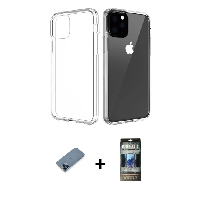 MARSİLYAN™- iPhone 11 Pro Max Kılıf Zirve Doku - Siyah 34D Hayalet Izgaralı Cam + Metal Kamera Lens Koruma Cam - MI