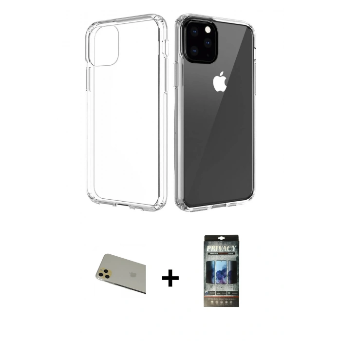 MARSİLYAN™- iPhone 11 Pro Max Kılıf Zirve Doku - Siyah 34D Hayalet Izgaralı Cam + Rainbow Kamera Lens Koruma Cam - GD