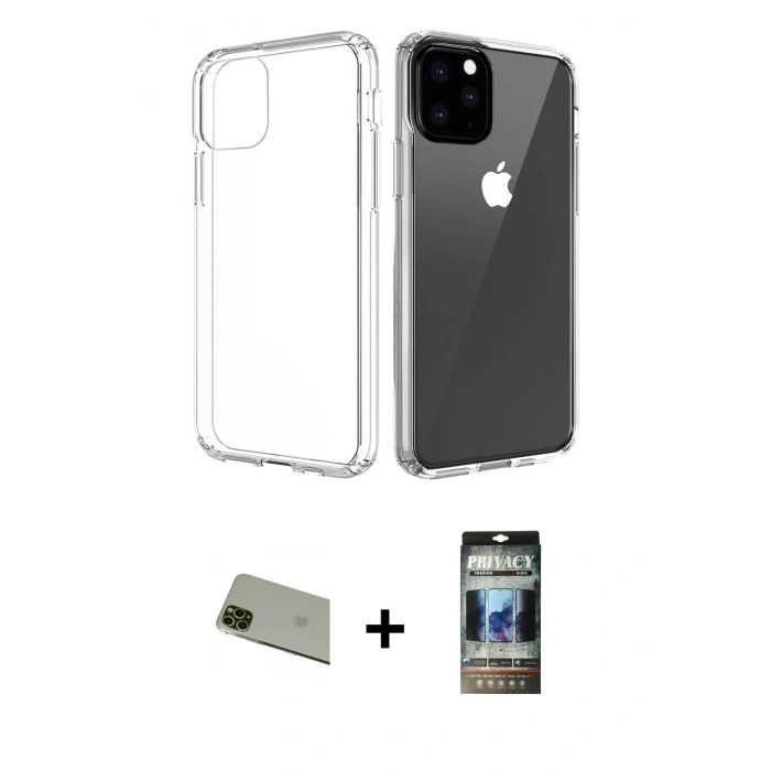 MARSİLYAN™- iPhone 11 Pro Max Kılıf Zirve Doku - Siyah 34D Hayalet Izgaralı Cam + Rainbow Kamera Lens Koruma Cam - YL