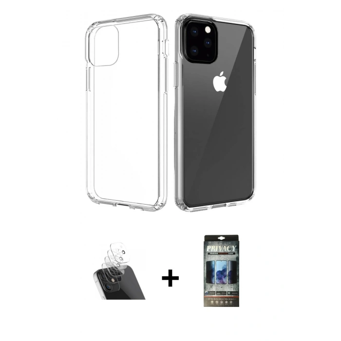 MARSİLYAN™- iPhone 11 Pro Max Kılıf Zirve Doku - Siyah 34D Hayalet Izgaralı Cam + Kamera Lens Koruma Cam - SF