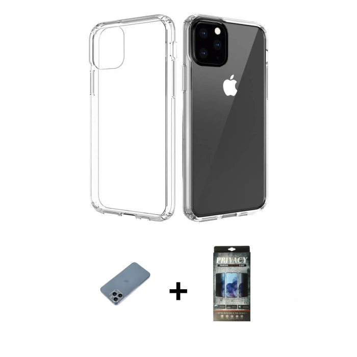 MARSİLYAN™- iPhone 11 Pro Max Kılıf Zirve Doku - Siyah 34D Hayalet Izgaralı Cam + Shine Kamera Lens Koruma Cam - SABE