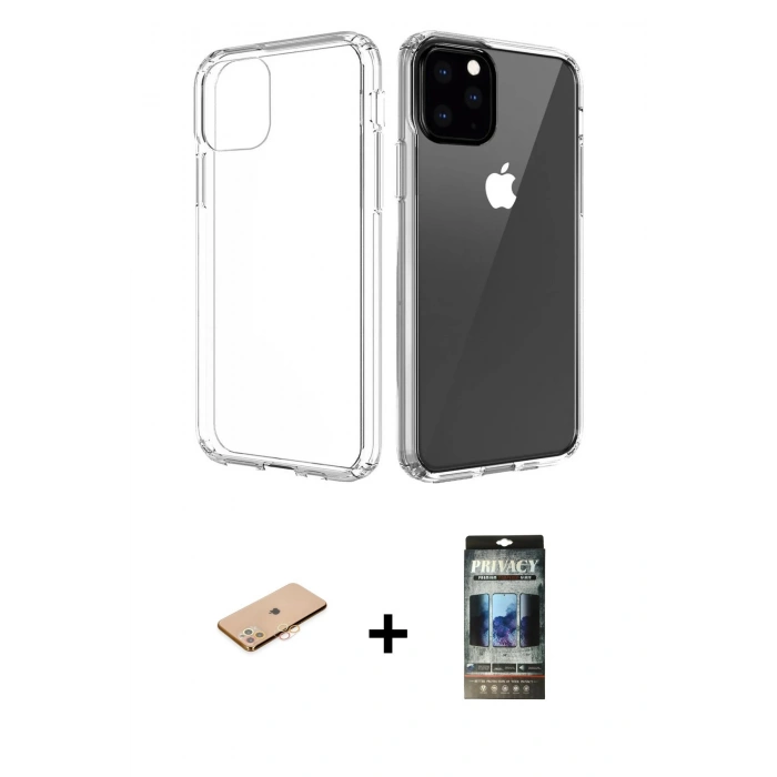 MARSİLYAN™- iPhone 11 Pro Max Kılıf Zirve Doku - Siyah 34D Hayalet Izgaralı Cam + Turuncu Renkli Kamera Lens Koruma Cam