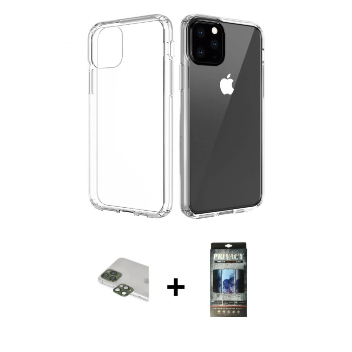 MARSİLYAN™- iPhone 11 Pro Max Kılıf Zirve Doku - Siyah 34D Hayalet Izgaralı Cam + Pers Alüminyum Kamera Lens - YL