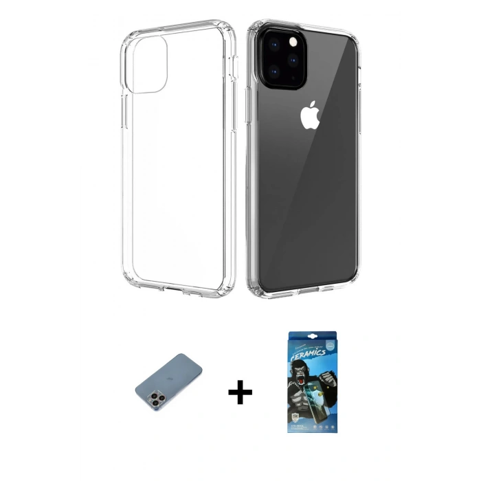 MARSİLYAN™- iPhone 11 Pro Max Kılıf Zirve Doku - Siyah 34D Izgaralı Cam + Shine Kamera Lens Koruma Cam - GI