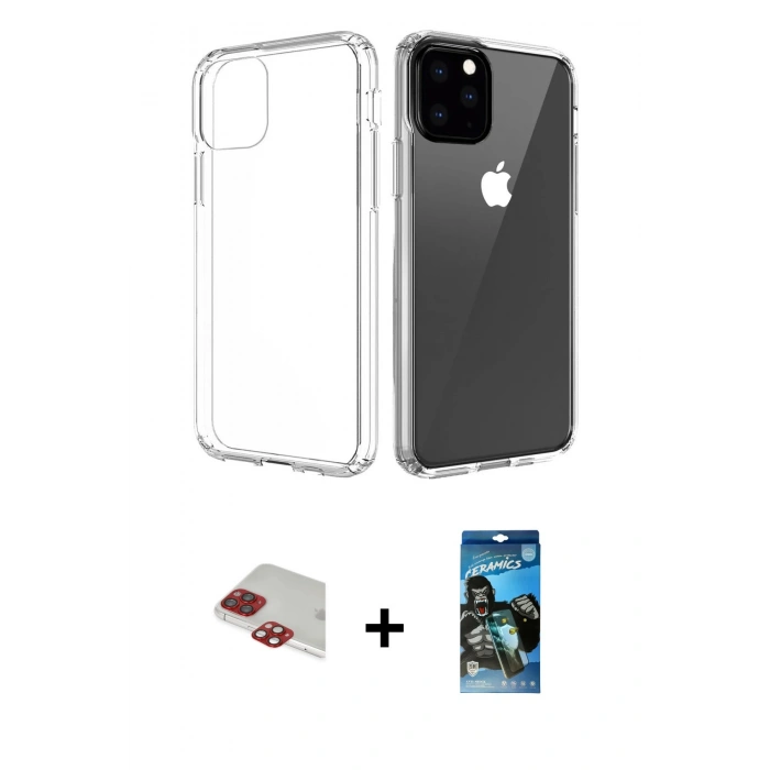 MARSİLYAN™- iPhone 11 Pro Max Kılıf Zirve Doku - Siyah 34D Izgaralı Cam + Kırmızı Pers Alüminyum Kamera Lens