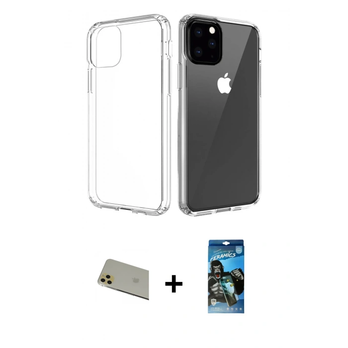 MARSİLYAN™- iPhone 11 Pro Max Kılıf Zirve Doku - Siyah 34D Izgaralı Cam + Rainbow Kamera Lens Koruma Cam - GD