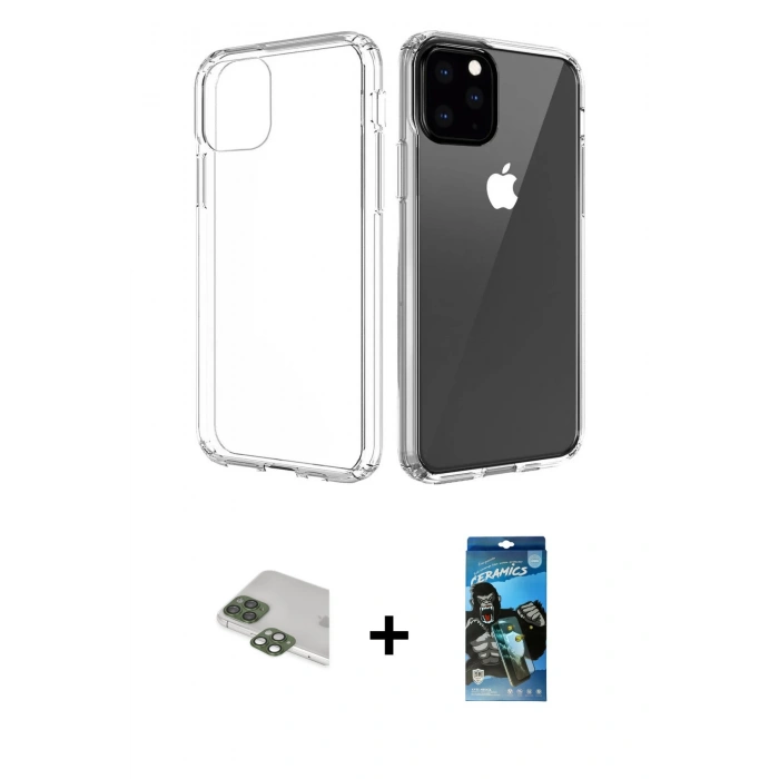 MARSİLYAN™- iPhone 11 Pro Max Kılıf Zirve Doku - Siyah 34D Izgaralı Cam + Pers Alüminyum Kamera Lens - YL