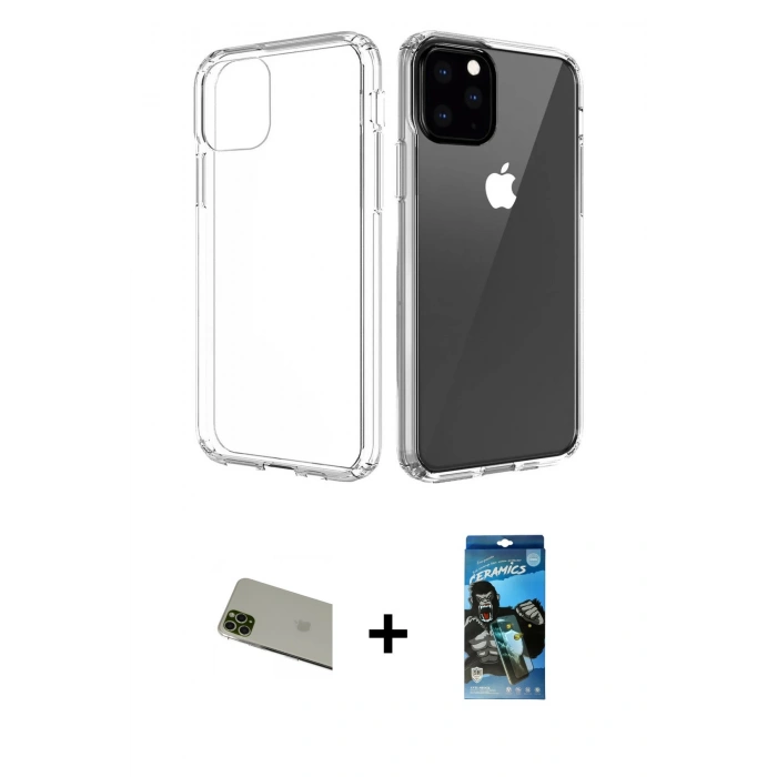 MARSİLYAN™- iPhone 11 Pro Max Kılıf Zirve Doku - Siyah 34D Izgaralı Cam + Rainbow Kamera Lens Koruma Cam - YL