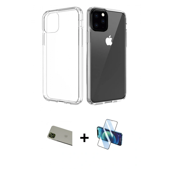 MARSİLYAN™- iPhone 11 Pro Max Kılıf Zirve Doku - Siyah 3D Antistatik Cam Ekran Koruyucu + Yeşil Rainbow Kamera Lens Koruma Cam