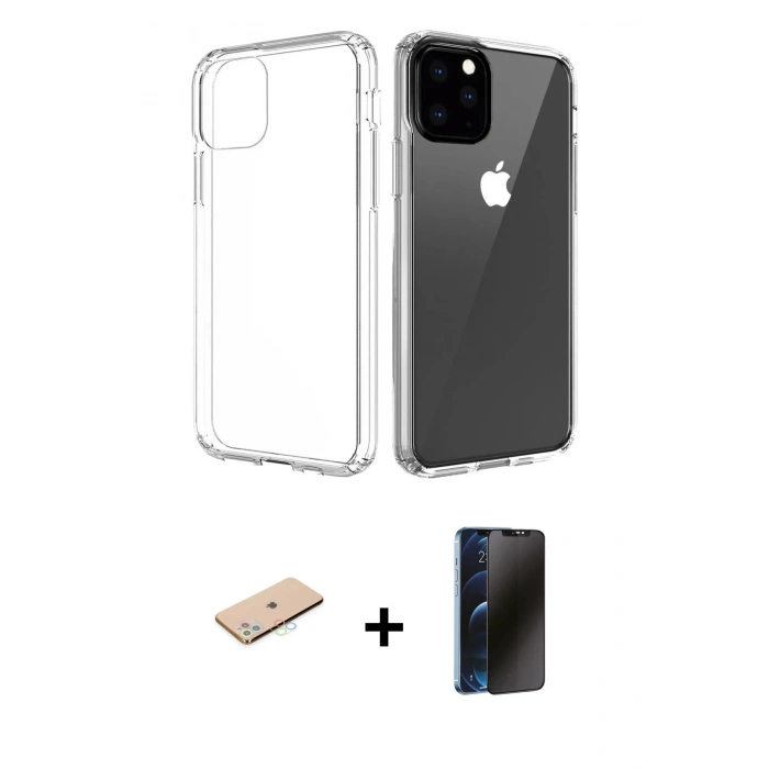 MARSİLYAN™- iPhone 11 Pro Max Kılıf Zirve Doku - Siyah 3D Antistatik Hayalet Cam Ekran Koruyucu + Renkli Kamera Lens Koruma Cam - MI
