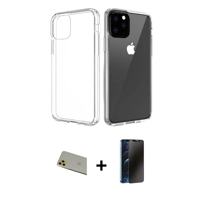 MARSİLYAN™- iPhone 11 Pro Max Kılıf Zirve Doku - Siyah 3D Antistatik Hayalet Cam Ekran Koruyucu + Rainbow Kamera Lens Koruma Cam - GD