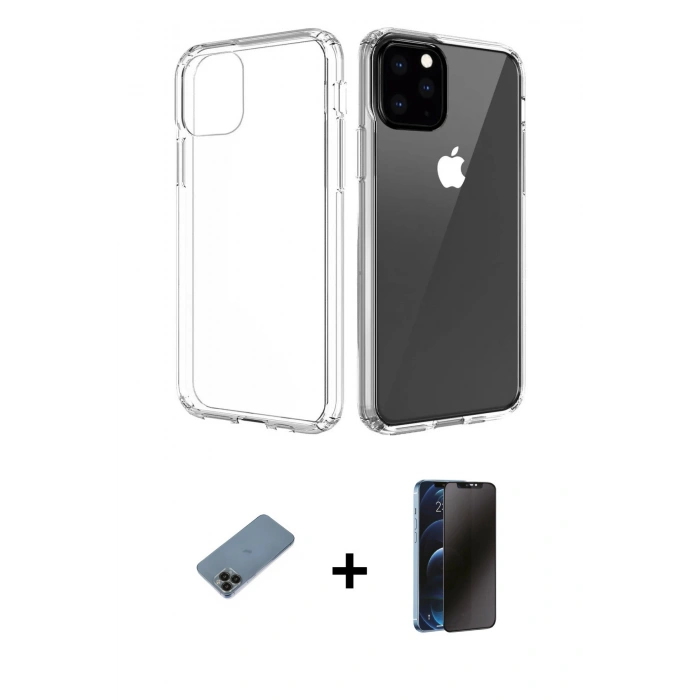 MARSİLYAN™- iPhone 11 Pro Max Kılıf Zirve Doku - Siyah 3D Antistatik Hayalet Cam Ekran Koruyucu + Shine Kamera Lens Koruma Cam - SH