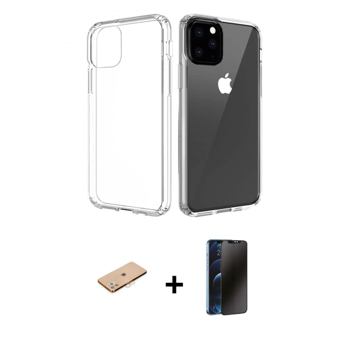 MARSİLYAN™- iPhone 11 Pro Max Kılıf Zirve Doku - Siyah 3D Antistatik Hayalet Cam Ekran Koruyucu + Renkli Kamera Lens Koruma Cam - TU