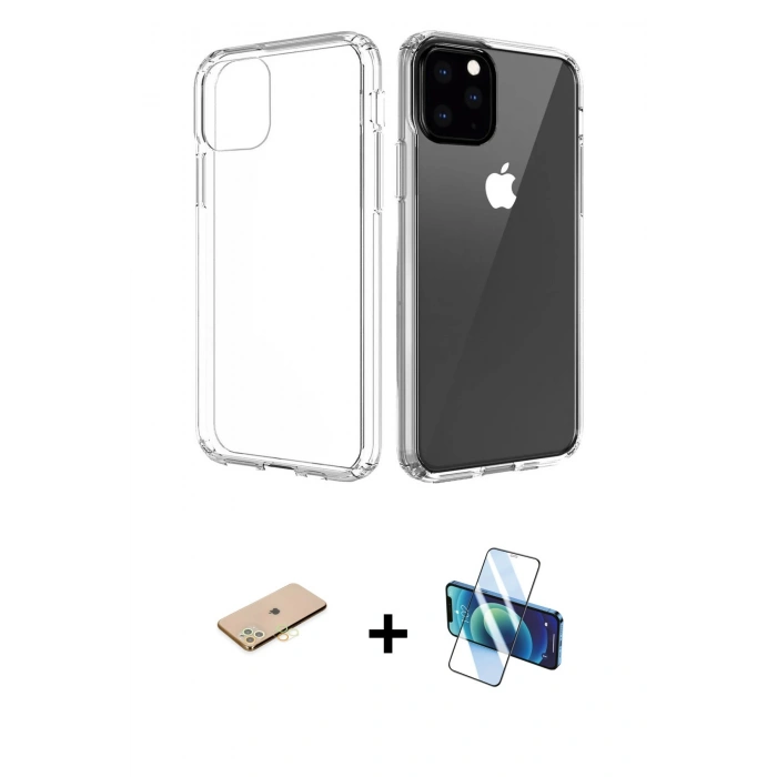 MARSİLYAN™- iPhone 11 Pro Max Kılıf Zirve Doku - Siyah 3D Antistatik Seramik Nano Ekran Koruyucu + Renkli Kamera Lens Koruma Cam - SI