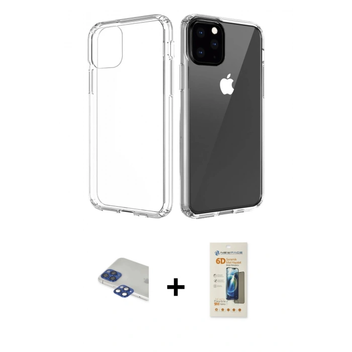 MARSİLYAN™- iPhone 11 Pro Max Kılıf Zirve Doku - Siyah 6D Mat Seramik Hayalet Nano Ekran Koruyucu + Lacivert Pers Alüminyum Kamera Lens
