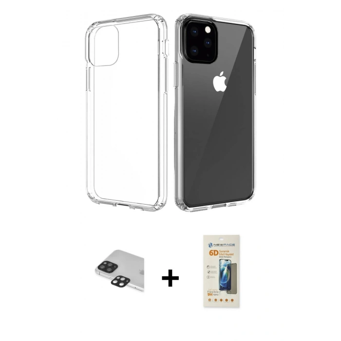 MARSİLYAN™- iPhone 11 Pro Max Kılıf Zirve Doku - Siyah 6D Mat Seramik Hayalet Nano Ekran Koruyucu + Pers Alüminyum Kamera Lens - SH