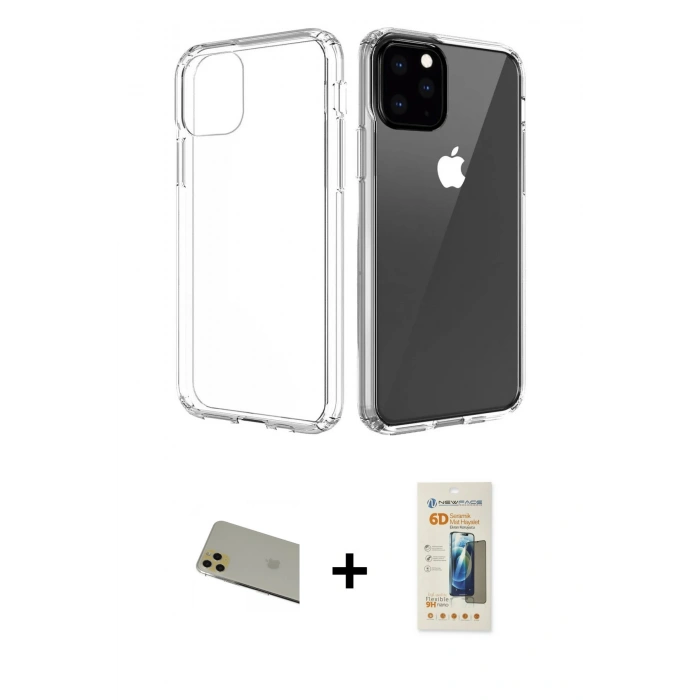 MARSİLYAN™- iPhone 11 Pro Max Kılıf Zirve Doku - Siyah 6D Mat Seramik Hayalet Nano Ekran Koruyucu + Rainbow Kamera Lens Koruma Cam - GD