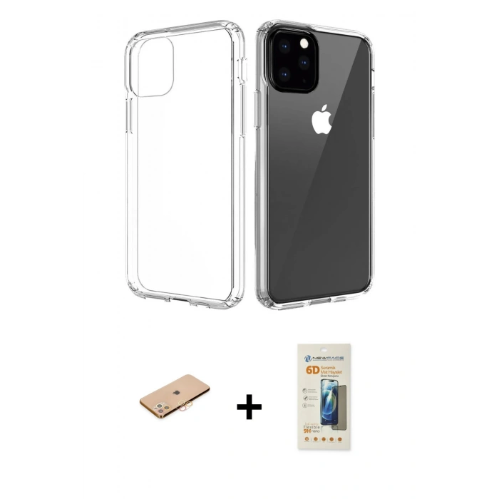 MARSİLYAN™- iPhone 11 Pro Max Kılıf Zirve Doku - Siyah 6D Mat Seramik Hayalet Nano Ekran Koruyucu + Turuncu Renkli Kamera Lens Koruma Cam