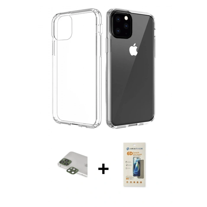 MARSİLYAN™- iPhone 11 Pro Max Kılıf Zirve Doku - Siyah 6D Mat Seramik Hayalet Nano Ekran Koruyucu + Pers Alüminyum Kamera Lens - YL