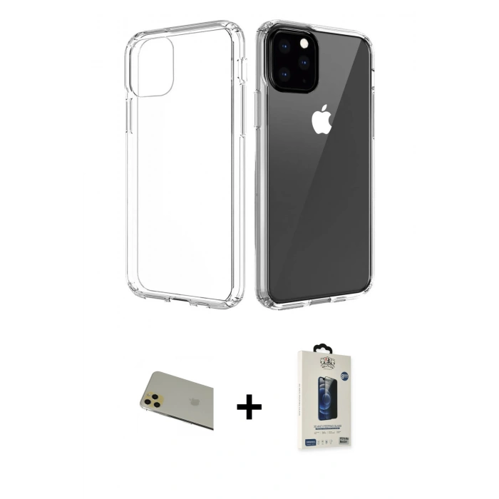 MARSİLYAN™- iPhone 11 Pro Max Kılıf Zirve Doku - Siyah Bilvis Hayalet Cam Ekran Koruyucu + Rainbow Kamera Lens Koruma Cam - GD