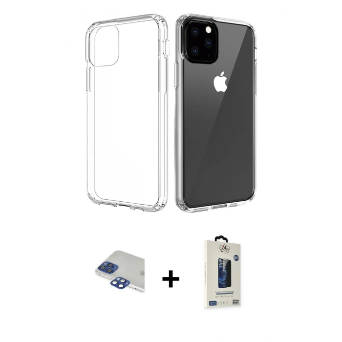 MARSİLYAN™- iPhone 11 Pro Max Kılıf Zirve Doku - Siyah Bilvis Hayalet Cam Ekran Koruyucu + Pers Alüminyum Kamera Lens - LT