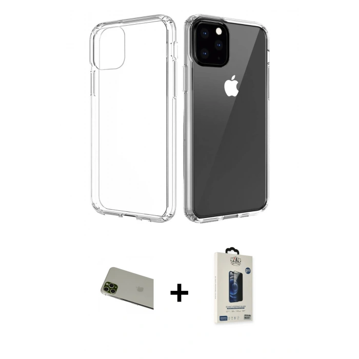 MARSİLYAN™- iPhone 11 Pro Max Kılıf Zirve Doku - Siyah Bilvis Hayalet Cam Ekran Koruyucu + Rainbow Kamera Lens Koruma Cam - YL