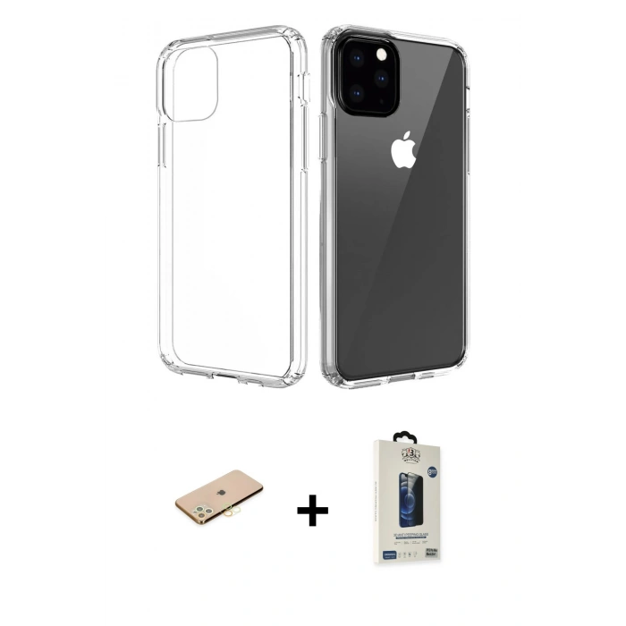 MARSİLYAN™- iPhone 11 Pro Max Kılıf Zirve Doku - Siyah Bilvis Hayalet Cam Ekran Koruyucu + Renkli Kamera Lens Koruma Cam - SI