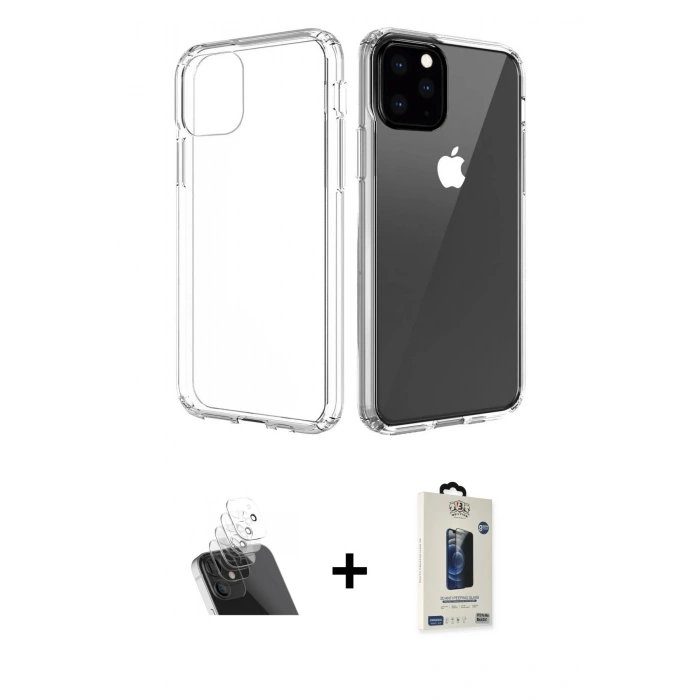 MARSİLYAN™- iPhone 11 Pro Max Kılıf Zirve Doku - Siyah Bilvis Hayalet Cam Ekran Koruyucu + Kamera Lens Koruma Cam - SF