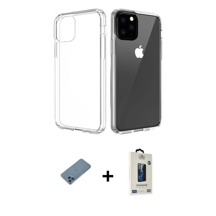 MARSİLYAN™- iPhone 11 Pro Max Kılıf Zirve Doku - Siyah Bilvis Hayalet Cam Ekran Koruyucu + Shine Kamera Lens Koruma Cam - MI