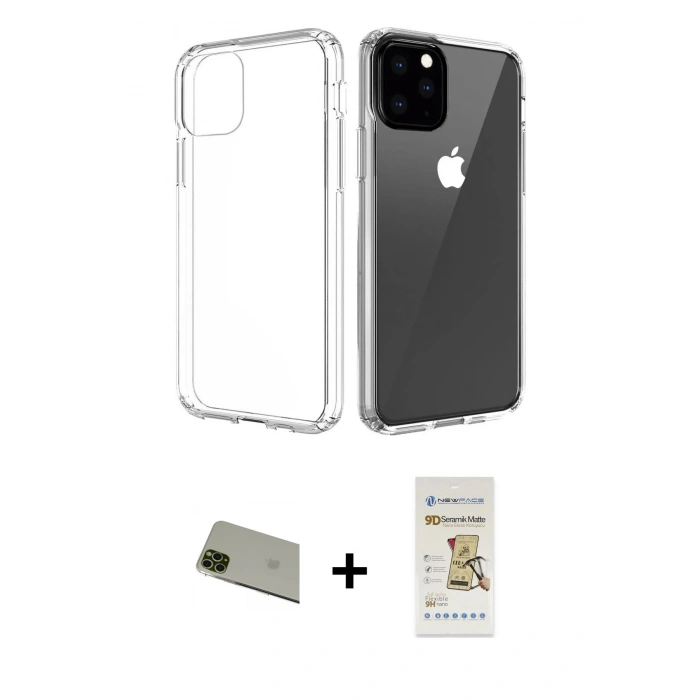 MARSİLYAN™- iPhone 11 Pro Max Kılıf Zirve Doku - Siyah Mat Seramik Nano Ekran Koruyucu + Rainbow Kamera Lens Koruma Cam - YL