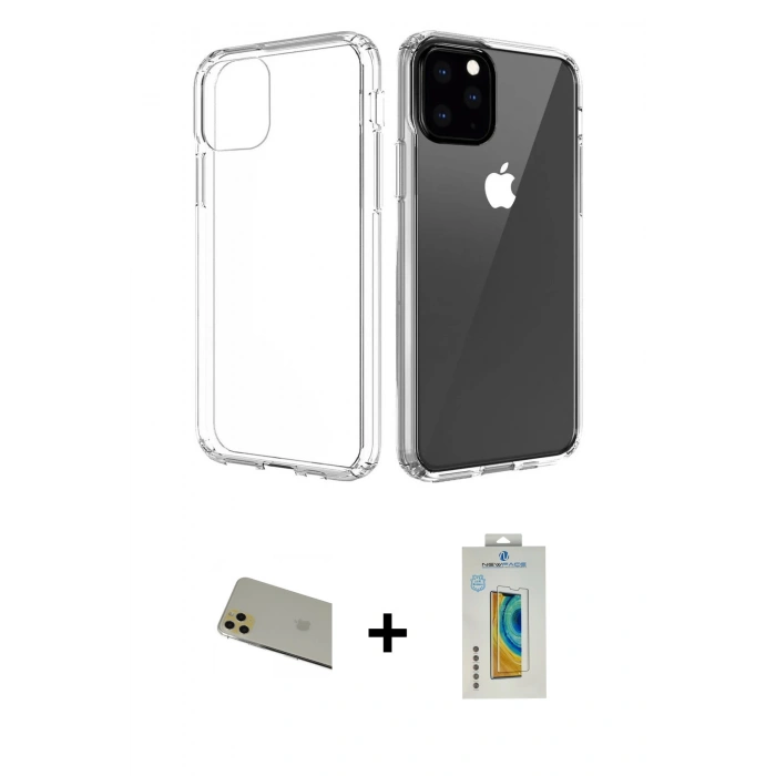 MARSİLYAN™- iPhone 11 Pro Max Kılıf Zirve Doku - Siyah Polymer Nano Ekran Koruyucu + Rainbow Kamera Lens Koruma Cam - GD